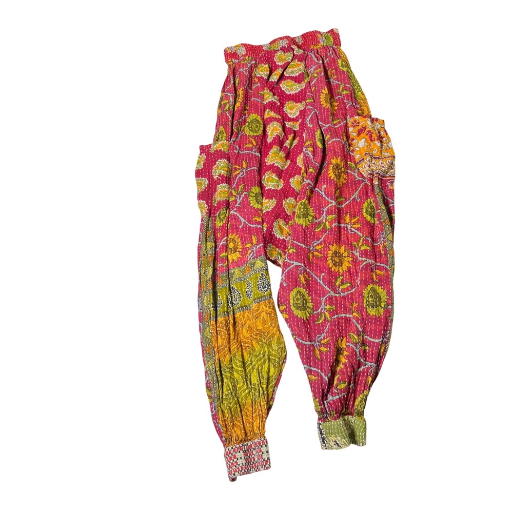 Kantha Bae Harem Pants Pink Patchwork Quilt Boho Hippie Elastic Waist One Size